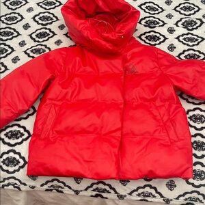 Jakke Red Vegan Leather Puffer Jacket Size 2 Hooded Winter Coat AS IS